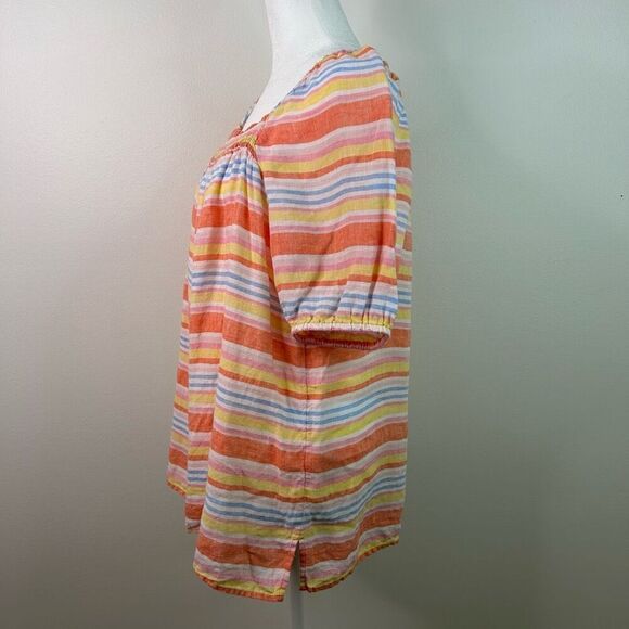 Talbots Linen Striped Puff Sleeve Top L Pastel Summer Blouse Coastal Grandma - Picture 5 of 12